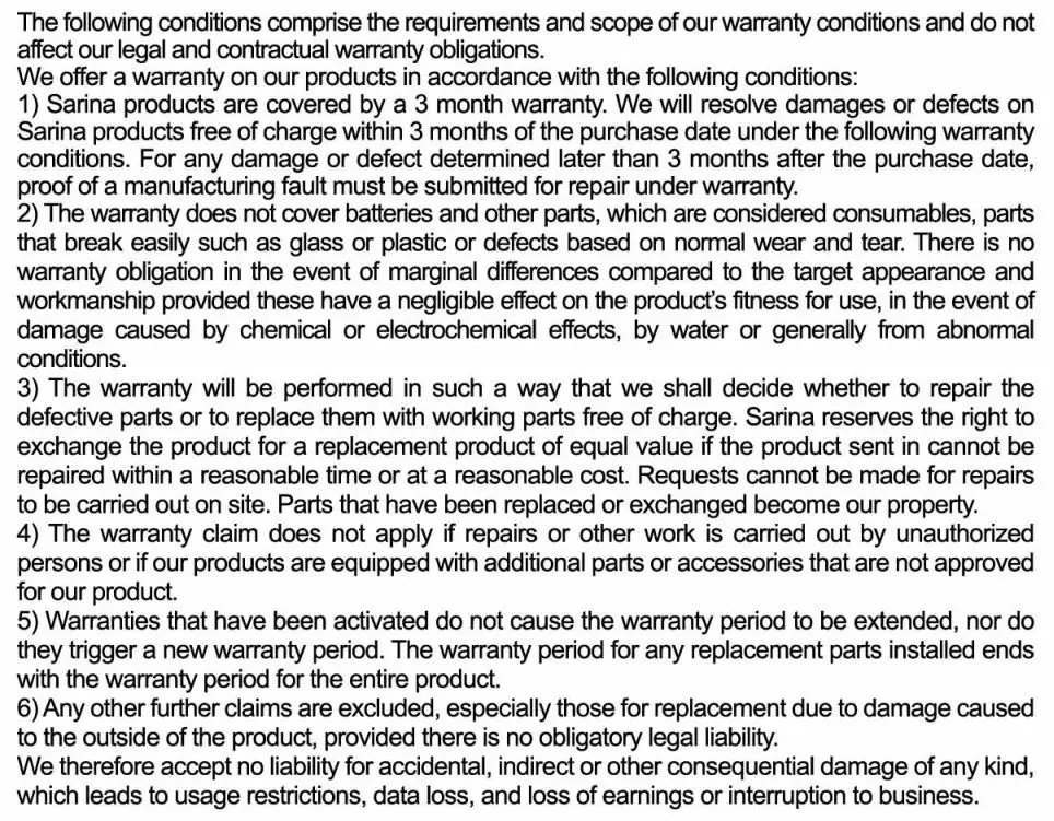 SARINA PODCAST V8 Sound Card User Guide - Warranty