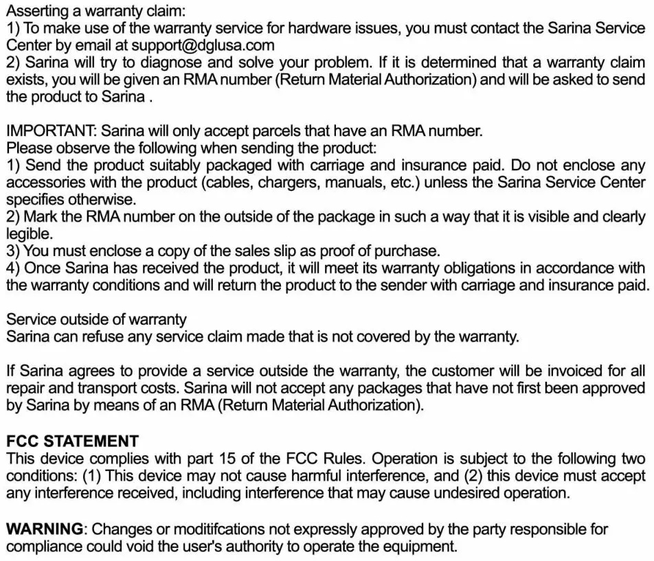 SARINA PODCAST V8 Sound Card User Guide - Warranty
