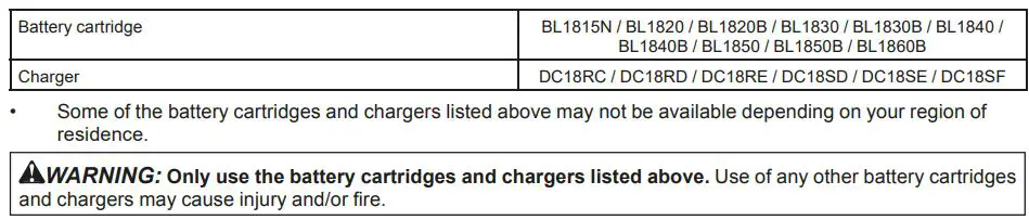 Makita DUT130, DUT131 Cordless Mixer Instruction Manual - Applicable battery cartridge and charger