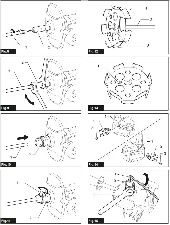 Makita DUT130, DUT131 Cordless Mixer Instruction Manual - Fig 8,15