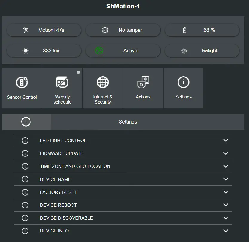 Shelly Motion Sensor WiFi Detector - Settings