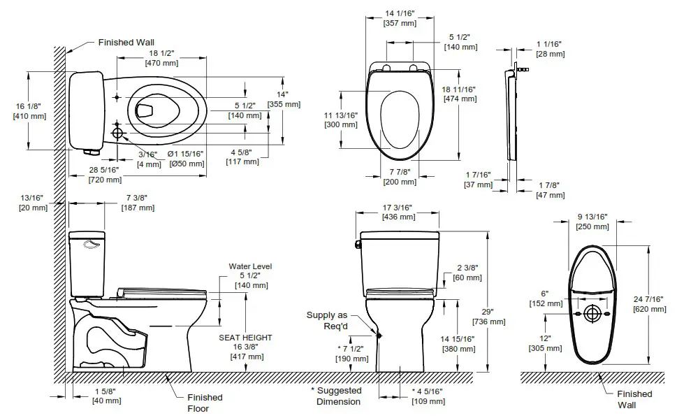 TOTO MS776124CEG Drake Two Piece Toilet - DIMENSIONS