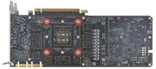 Nvidia EVGA GeForce GTX 1080 Ti - use a Phillips #1 screwdriver to remove the 4 spring screws circled below