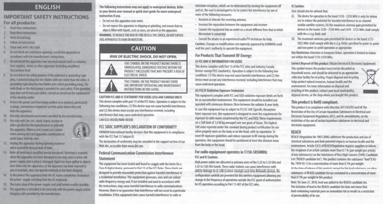 JBL WIND3 Portable Speakers User Guide - Important Safety Instructions