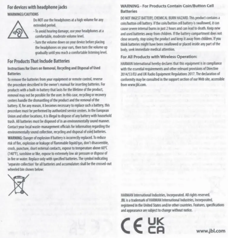 JBL WIND3 Portable Speakers User Guide - Important Safety Instructions