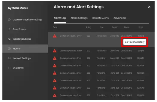 BriskHeat LYNX Temperature Control System - ALARM LOG