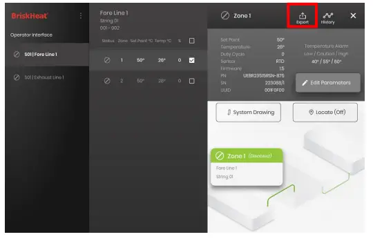 BriskHeat LYNX Temperature Control System - EXPORT HISTORICAL DATA