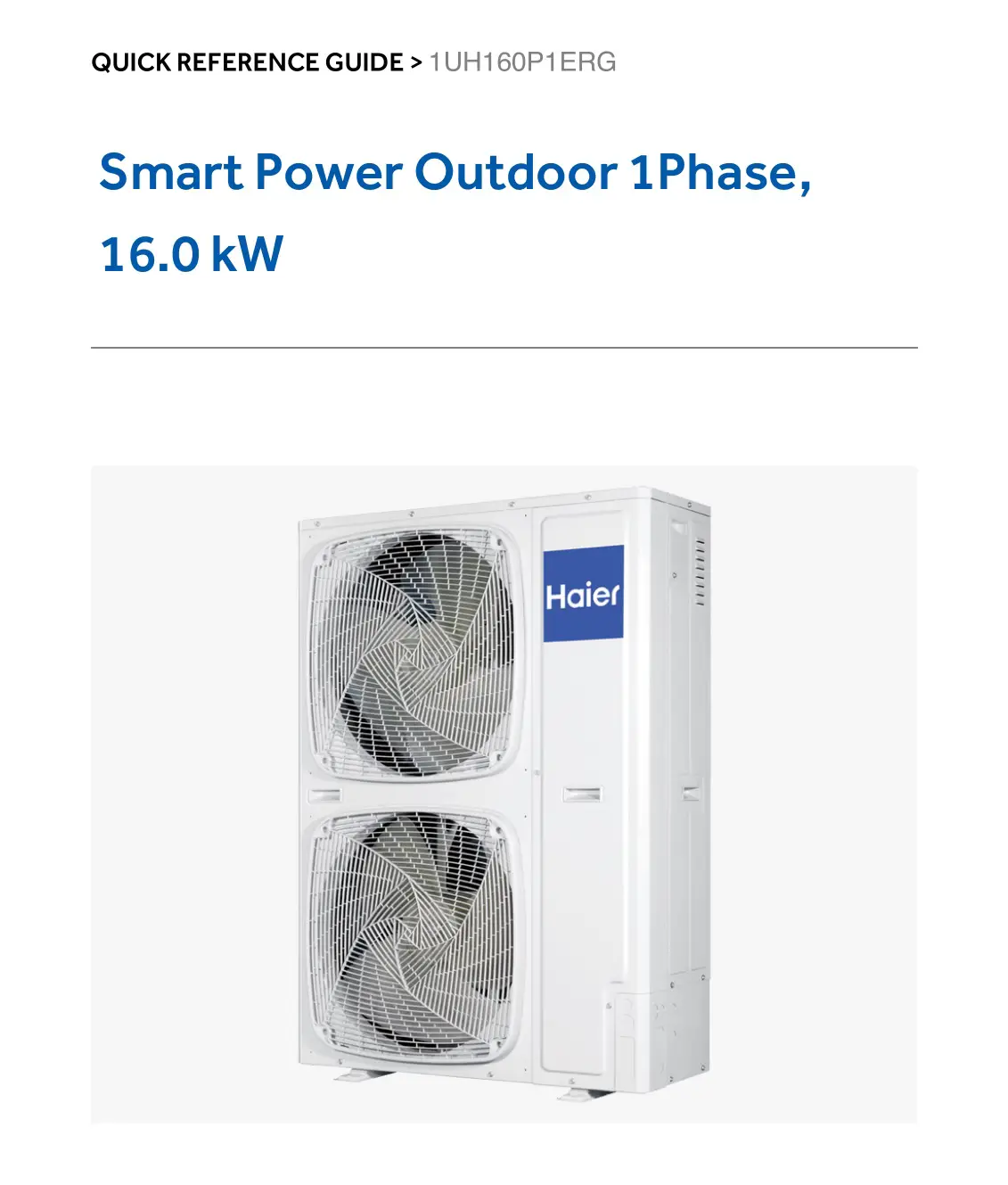 Haier 1UH160P1ERG Smart Power Outdoor 1Phase 16.0 kW User Guide