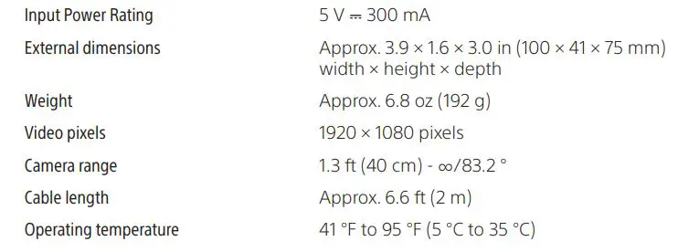 SONY HD Camera - Specifications