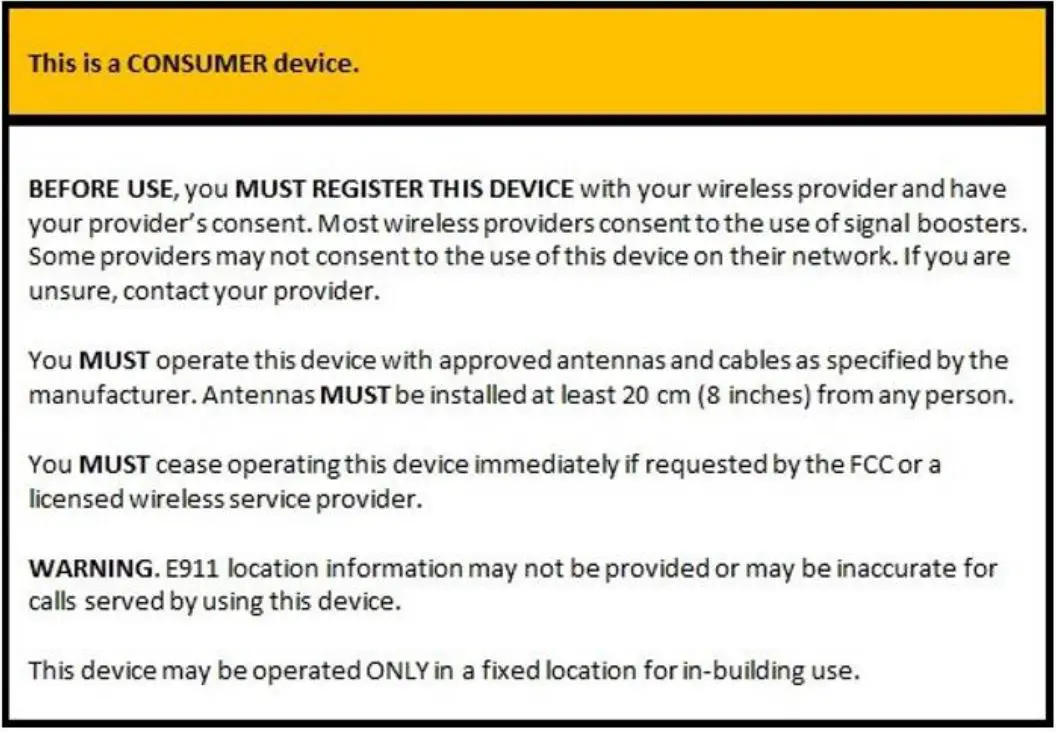 Shen Zhen Anntlent Communication Technology AN-USF7 Cell Phone Signal Booster - Consumer booster warning label