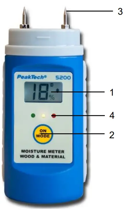PeakTech 5200 Wood and Material Moisture Meter - Panel Description