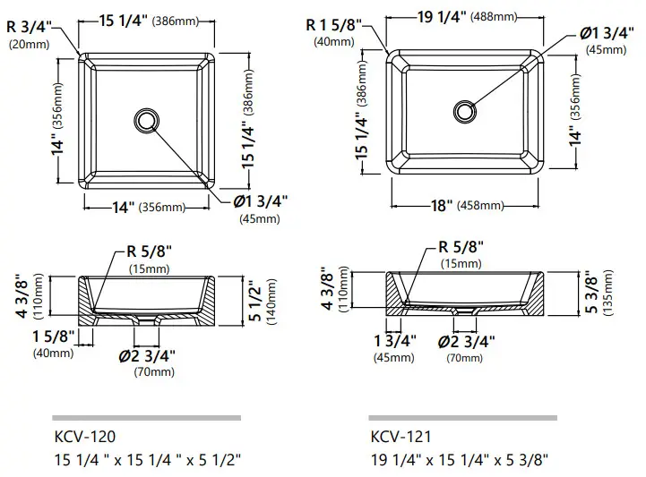 Kraus KCV-120 Ceramic Bathroom Vessel Sinks -Dimensions