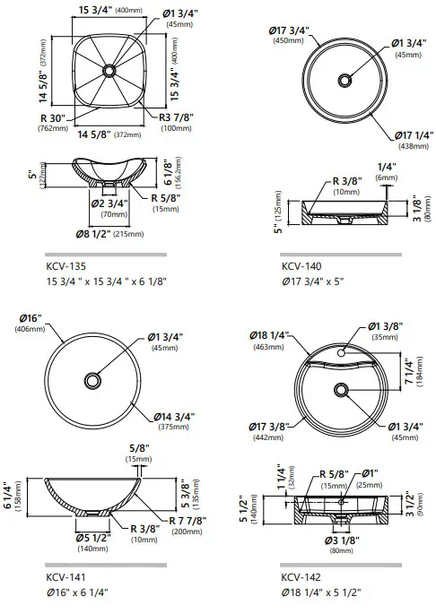 Kraus KCV-120 Ceramic Bathroom Vessel Sinks -Dimensions1