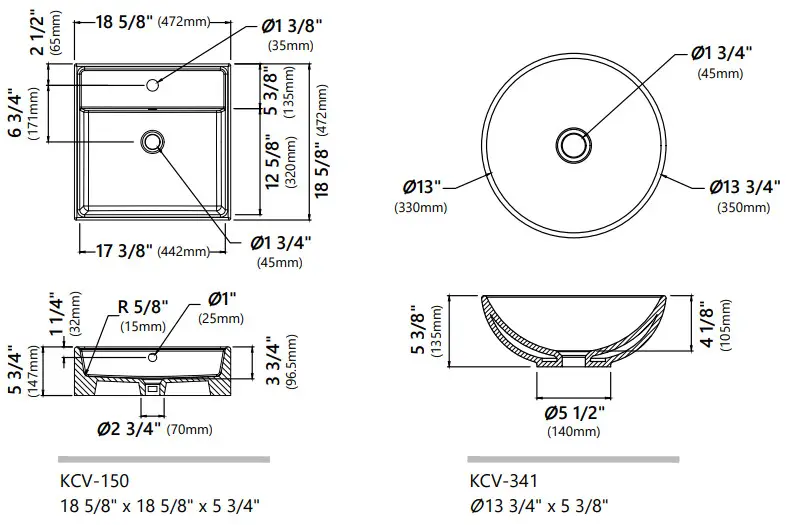 Kraus KCV-120 Ceramic Bathroom Vessel Sinks -Dimensions3