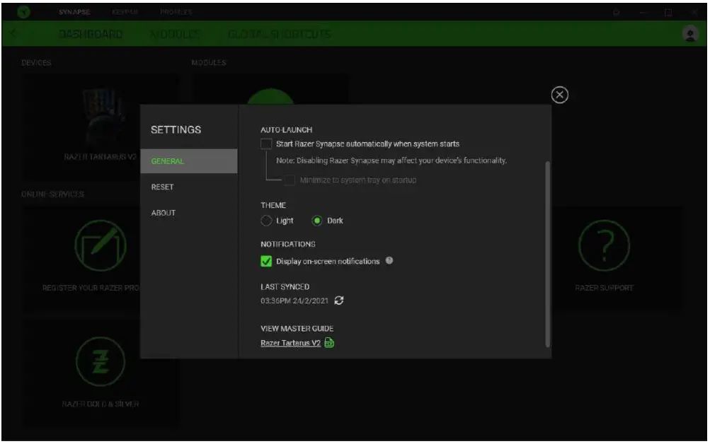 RAZER Tartarus V2 Gaming Keypad - SETTINGS WINDOW