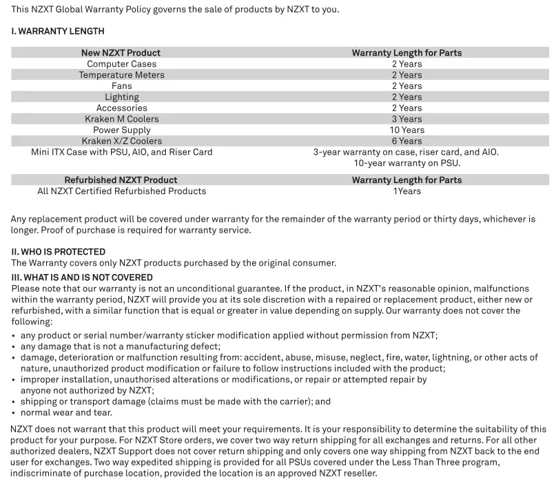 Nzxt Premium Compact Mid-Tower ATX Case [H510 Elite] User Manual - NZXT Global Warranty Policy 1