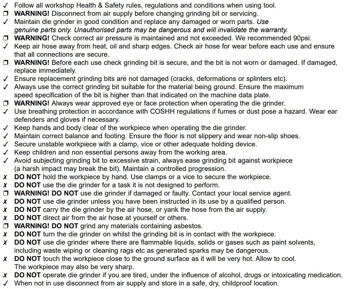 SEALEY SA654.V3 Air Die Grinder Maxi Size Straight Instruction Manual - Safety