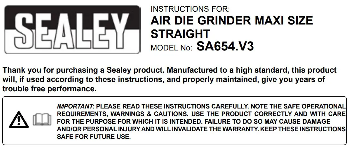 SEALEY SA654.V3 Air Die Grinder Maxi Size Straight Instruction Manual