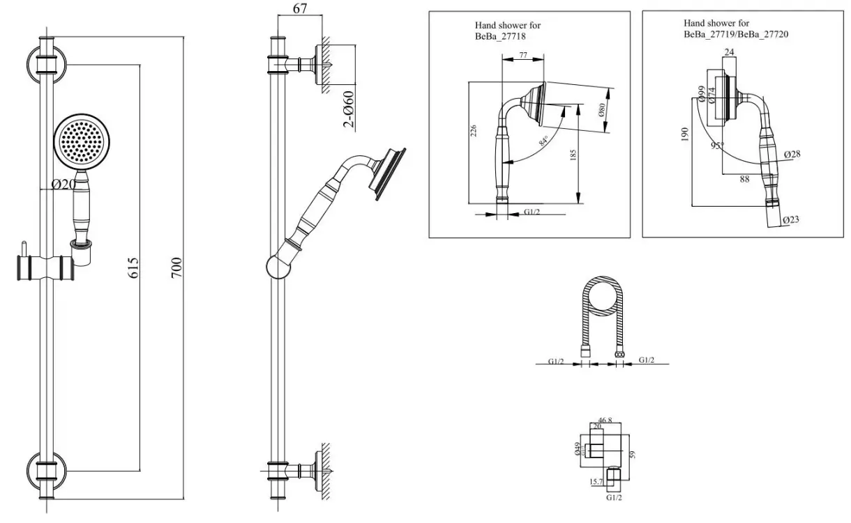 Better Bathroom BeBa 27718 Camden Slide Rail Kit - Dimensions