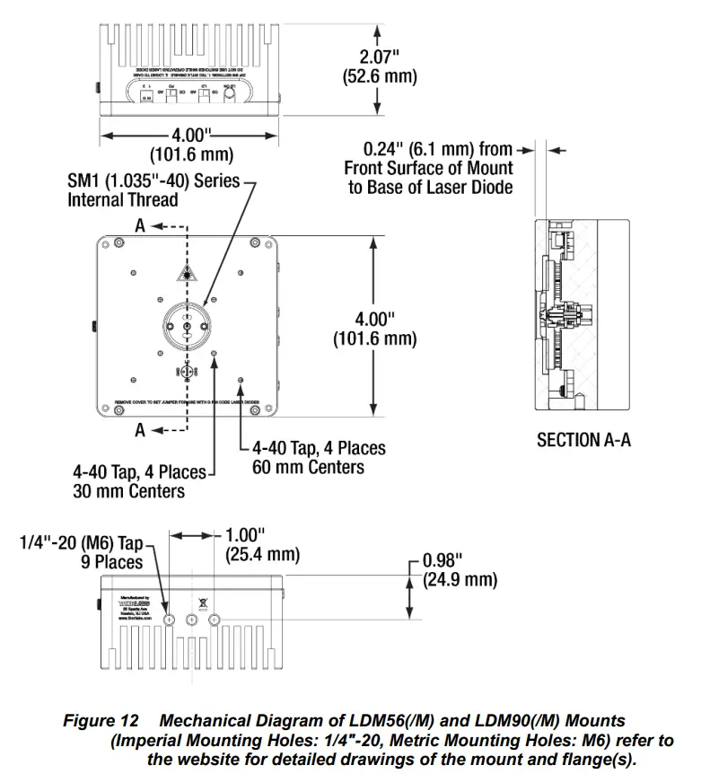 Mechanical Diagram of LDM56(/M) and LDM90(/M) Mounts (Imperial Mounting Holes: 1/4"-20, Metric Mounting Holes: M6) refer to the website for detailed drawings of the mount and flange(s).