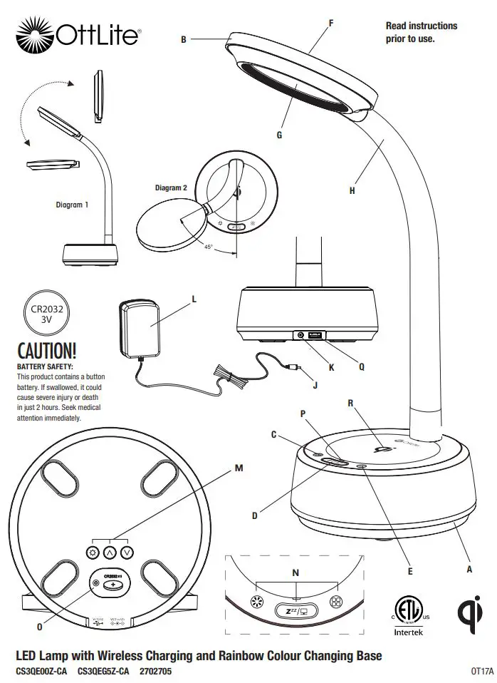 OttLite 2702705 LED Lamp with Wireless Charging User Manual