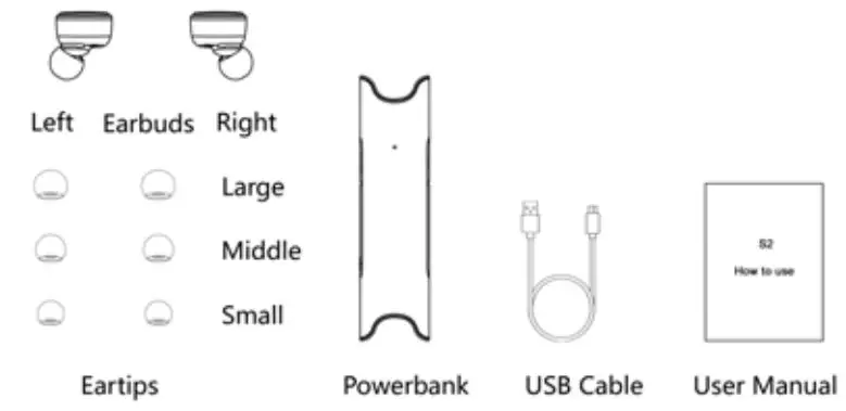 TWS Bluetooth S2 Headset - Accessories List