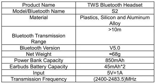 TWS Bluetooth S2 Headset - Product Specifications