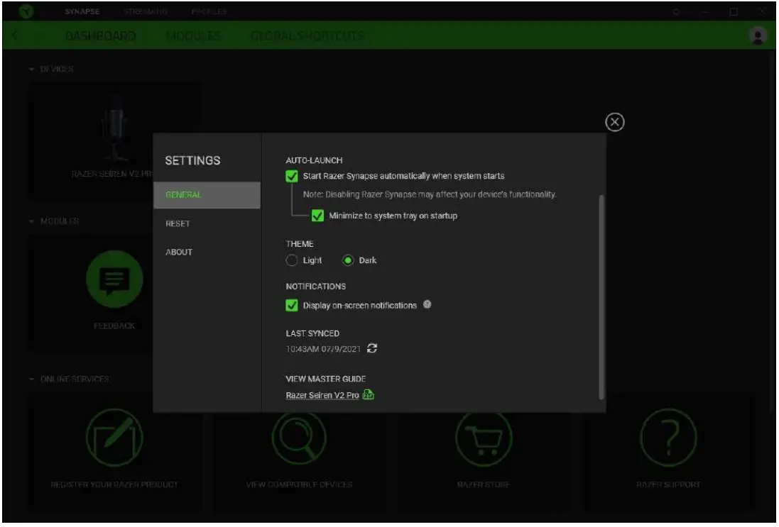 RAZER Seiren V2 Pro Professional Grade USB Microphone - SETTINGS WINDOW