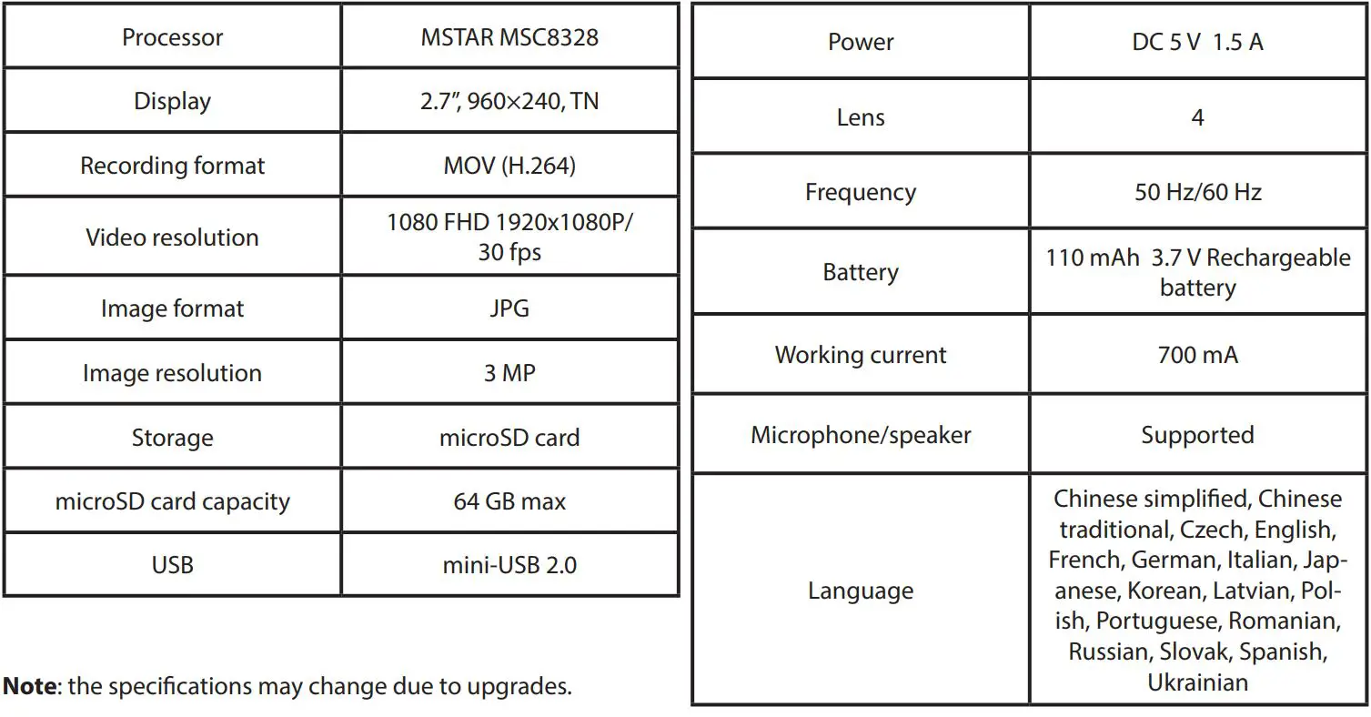 NAVITEL MSR500 Portable Video Recorder User Manual - Specifications