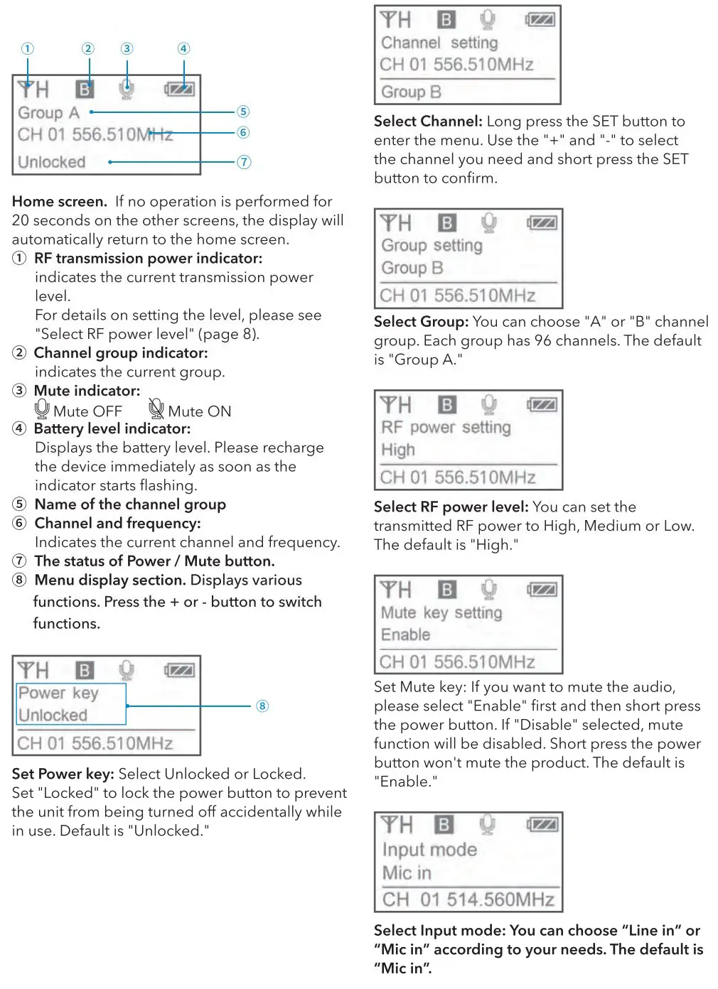 Saramonic UwMic9S Mini UHF Wireless Microphone System User Manual - Oled Display Operation Guide