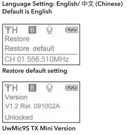 Saramonic UwMic9S Mini UHF Wireless Microphone System User Manual - Oled Display Operation Guide