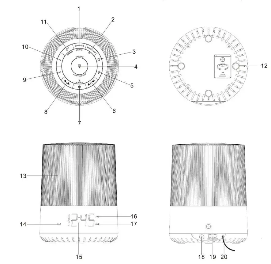soundmaster UR230WE Radio Alarm Clock FM Mood Lighting Instruction Manual - LOCATION OF CONTROLS
