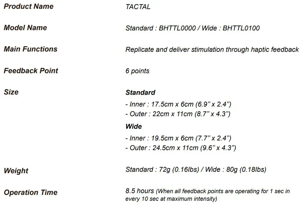 bHaptics TACTAL Haptic Face Cover for VR HMDs User Guide - Device Specification