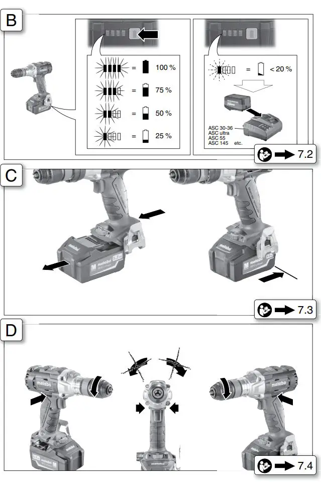 Metabo BS 18 LTX BL I cordless drill screwdrill Instructions - Fig B,C,D