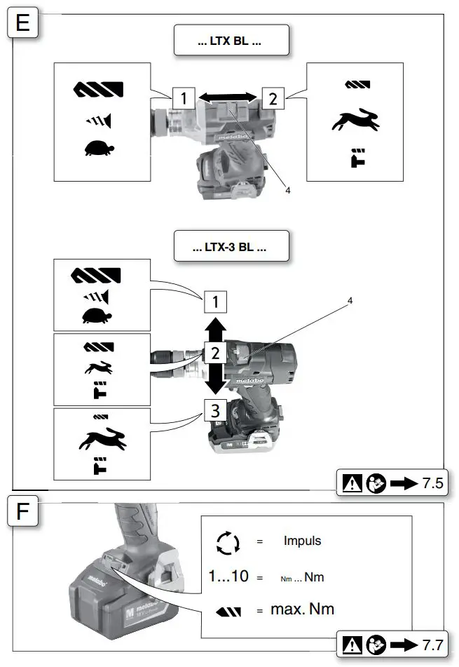Metabo BS 18 LTX BL I cordless drill screwdrill Instructions - Fig E,F