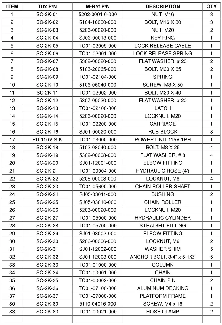 Single Column Platform Storage Lift SC-2K - PARTS LIST