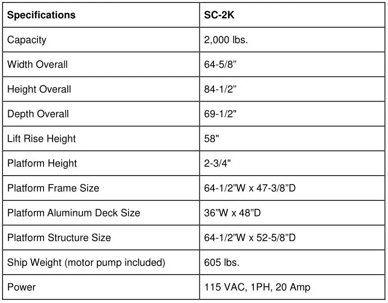 Single Column Platform Storage Lift SC-2K - SPECIFICATIONS
