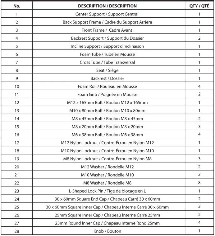GOZONE Weight Bench - PARTS LIST Table