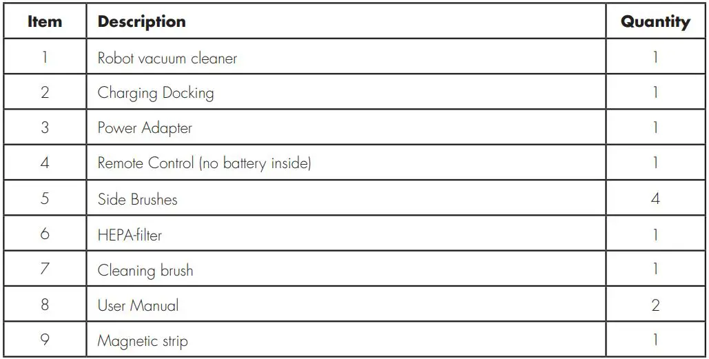 Cleanmate S 930 Robotic Vacuum Cleaner User Manual - Main Body and Accessories