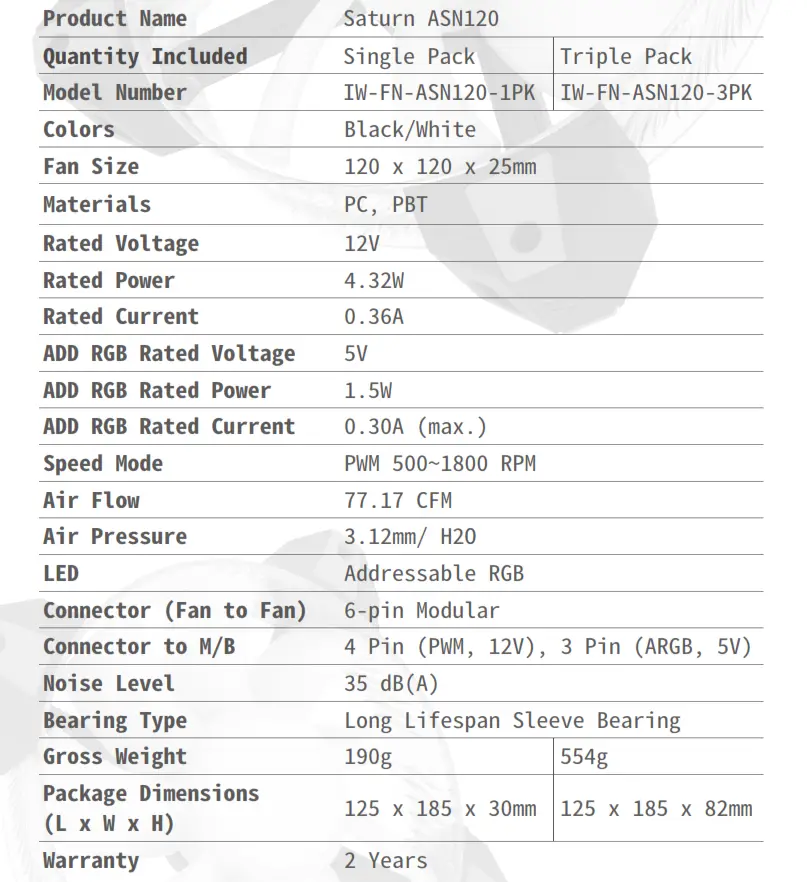 Saturn ASN120 High Airflow ARGB Case Fan - Specifications 1