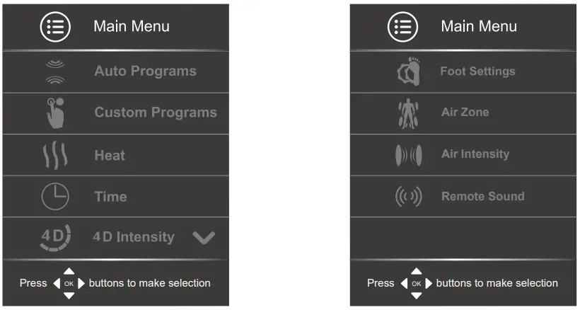 Main Menu shown on the display
