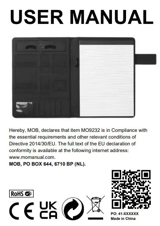 MOB MO9232 Portfolio with Power Bank User Manual