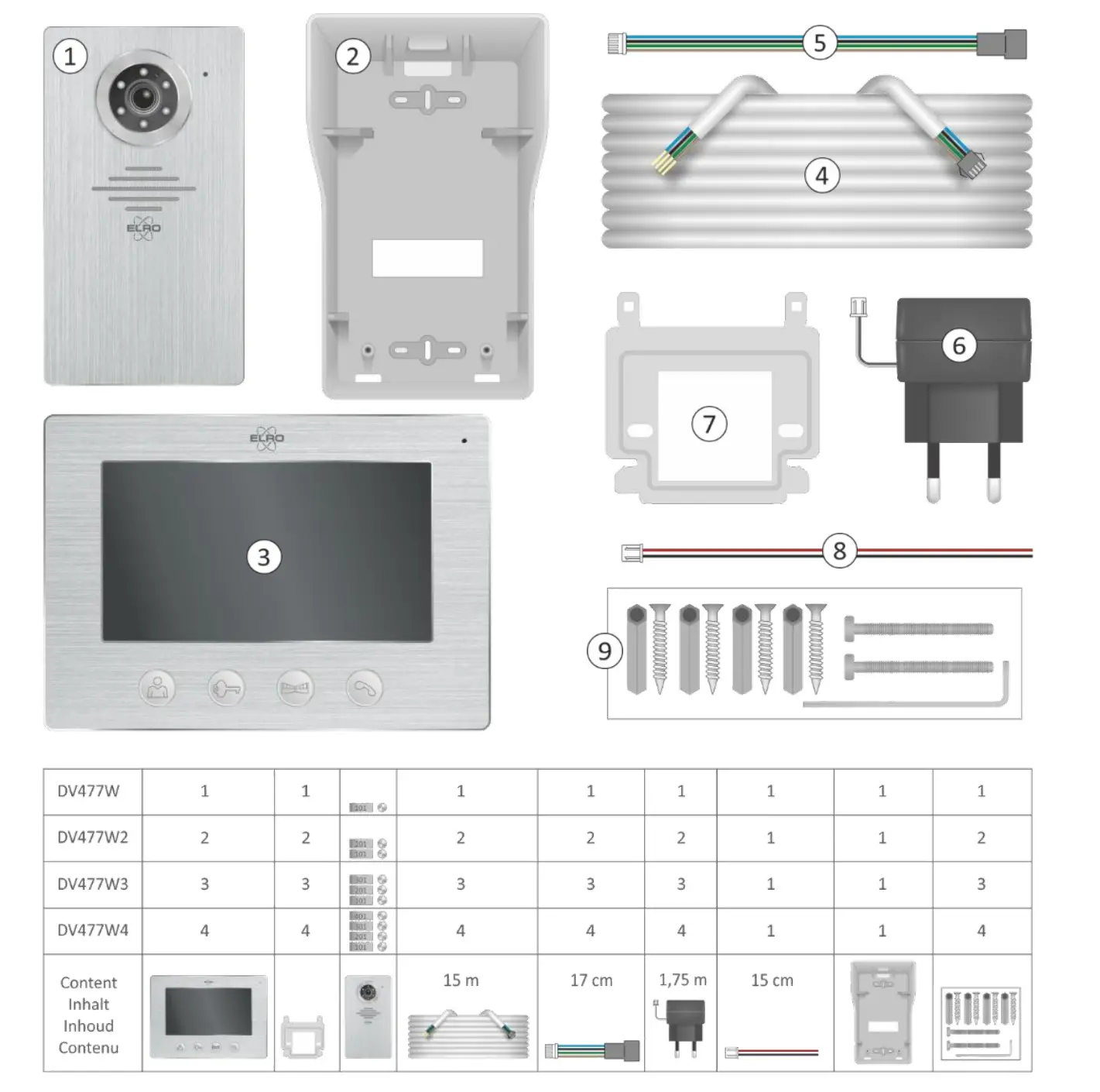 ELRO DV477W2 Video Door Intercom with 7inch 18cm Monitor - Package contents