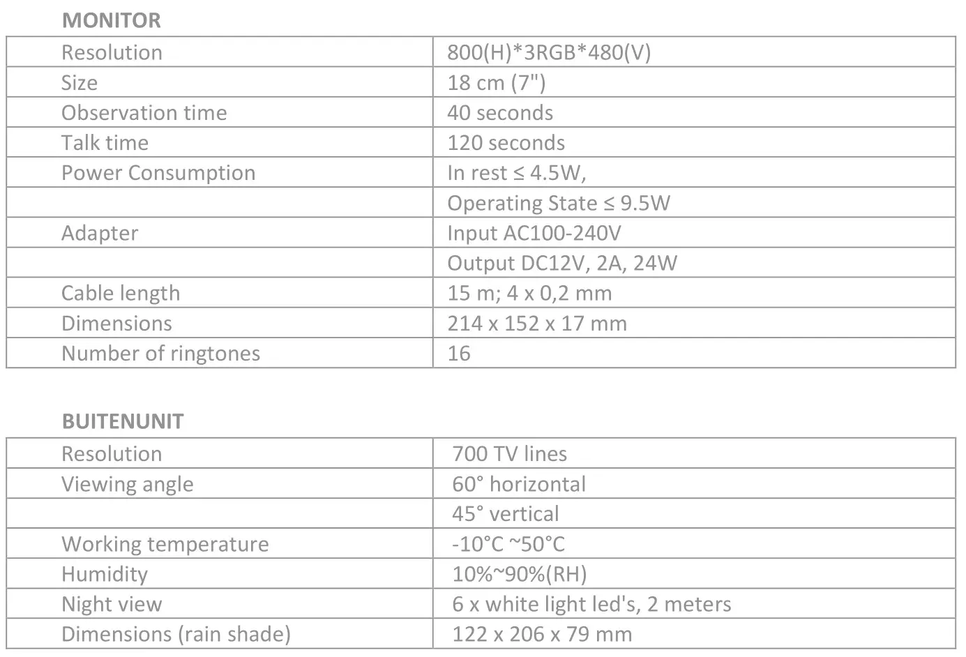 ELRO DV477W2 Video Door Intercom with 7inch 18cm Monitor - Specifications