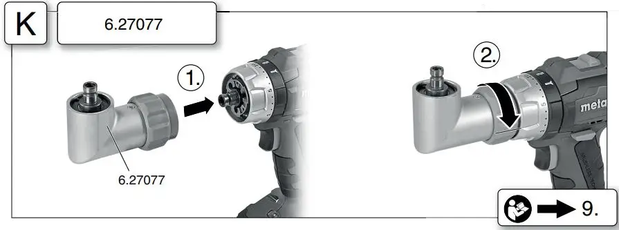 metabo BS 18 LT BL Cordless Drill Instructions - Fitting the angle drilling attachment