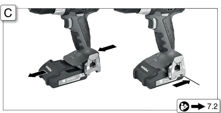 metabo BS 18 LT BL Cordless Drill Instructions - Removing and inserting the battery pack