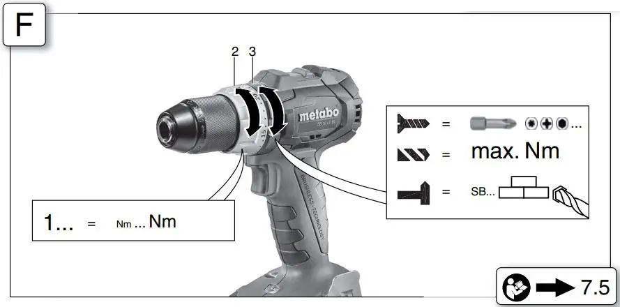 metabo BS 18 LT BL Cordless Drill Instructions - Setting the torque limitation, screwdriving, drilling and impact drilling