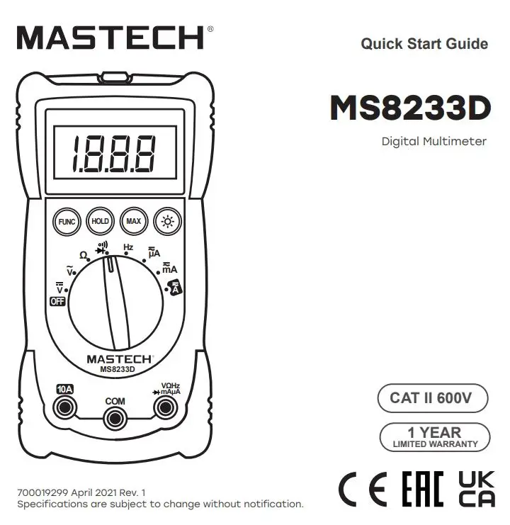 MASTECH MS8233D Digital Multimeter with NCV User Guide