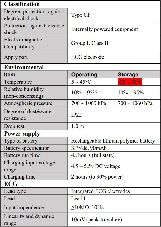 Shenzhen Viatom Technology ER2 ECG Recorder User Manual - Specifications