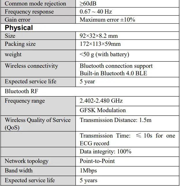 Shenzhen Viatom Technology ER2 ECG Recorder User Manual - Specifications
